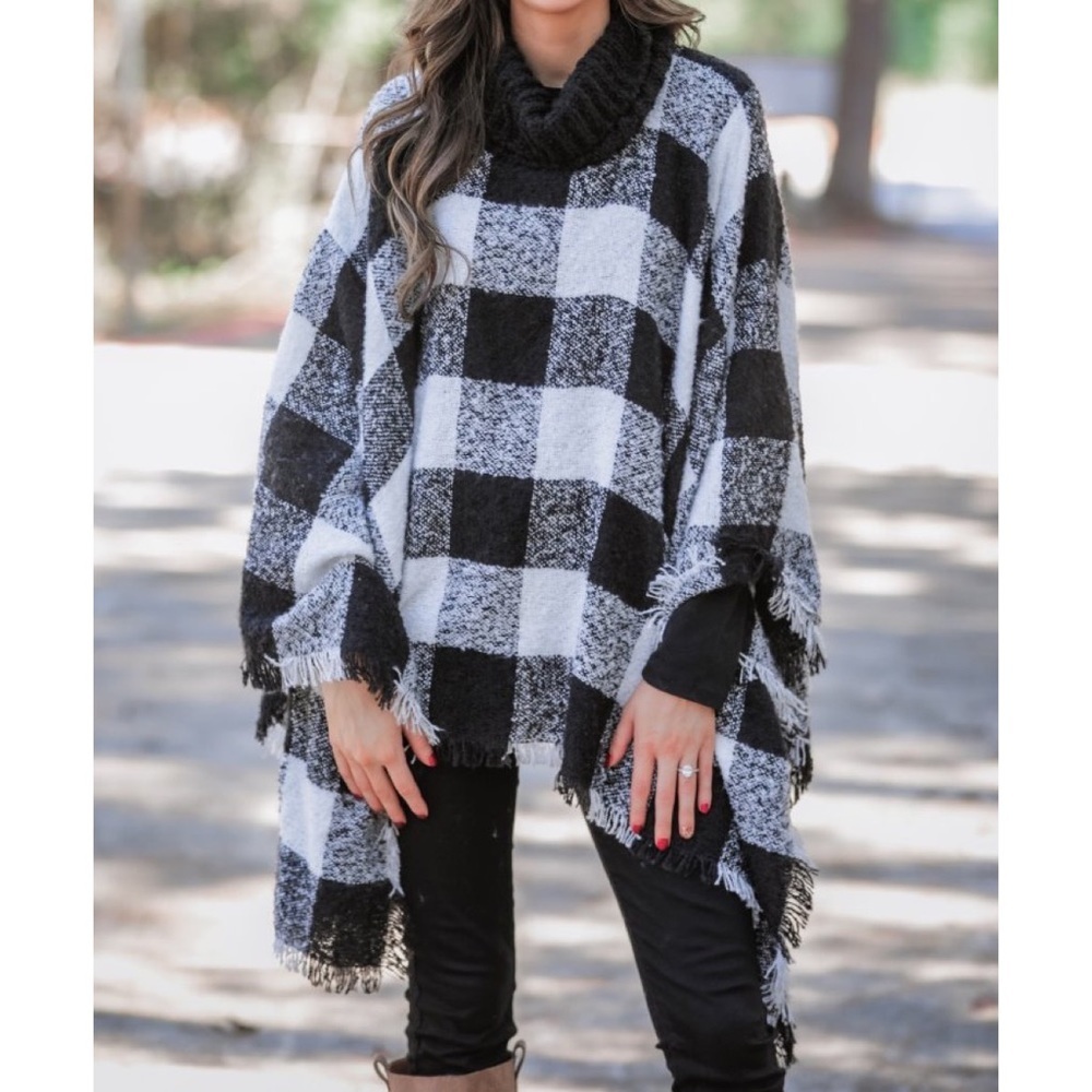 Black & White Plaid sweater poncho